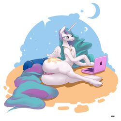 2014 absurdres alicorn anus apple ass computer cutie_mark equine eyelashes female friendship_is_magic fruit fur half-closed_eyes highres horn laptop long_hair lying mammal my_little_pony on_side princess_celestia_(mlp) purevil pussy solo white_fur wings