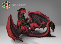 2014 anus dragon erection genital_slit hair karukuji male mane model_sheet palette penis pose reclining red_dragon scalie scarf solo tongue wings