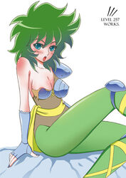 1girls armor blue_eyes breasts female green_hair human large_breasts leotard level257 long_hair nipples one_breast_out ophiuchus_shaina pale-skinned_female pale_skin pauldrons saint_seiya shoulder_armor shounen_jump silver_saints thighhighs thighs torn_clothes