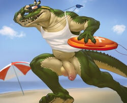 1boy alligator balls beach big_balls big_penis bottomless chubby claws clothing darkgem eyewear fangs glasses half-erect humanoid_penis league_of_legends lifeguard male male_only penis pool_party_renekton pool_party_series public renekton reptile rescue_buoy scalie seaside shirt solo thick_penis uncut water