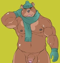 anthro balls bear belly biceps chubby ear_piercing fur furry gloves green_eyes hat looking_at_viewer male male_only mammal musclegut muscles overcross pecs penis piercing plain_background scarf solo thick_penis uncut