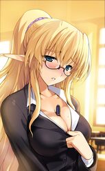 aqua_eyes between_breasts blazer blonde_hair breasts cleavage elf emily_sinclair glasses highres large_breasts object_between_breasts office_lady onigirikun pastel_chime pastel_chime_bind_seeker pen pointy_ears ponytail scrunchie sweat teacher tied_hair