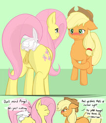 2014 anal anal_sex angel_(mlp) applejack_(mlp) ass blonde_hair blush closed_eyes cowboy_hat cutie_mark equine female feral fluttershy_(mlp) freckles friendship_is_magic fur green_eyes group hair hat horse interspecies lagomorph long_hair male mammal my_little_pony orange_fur penetration perching_position pink_hair pony pussy rabbit sex standing straight sweat vulapa yellow_fur