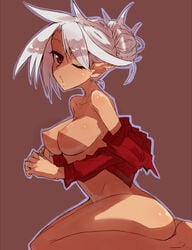 areolae breasts elf female female kneeling large_breasts looking_at_viewer nipples nude osuman_toruko perky_breasts pointy_ears profile red_eyes shirt silver_hair simple_background solo wink