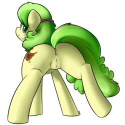 absurdres alpha_channel anus ass clitoris cutie_mark derpah equine female freckles friendship_is_magic green_eyes green_hair highres hooves horse looking_at_viewer looking_back mammal ms._peachbottom_(mlp) my_little_pony pony pov presenting pussy raised_tail smile solo spread_legs spreading