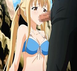 animated bikini blonde_hair bounce bouncing_breasts breasts brown_eyes censored clothing fellatio female human large_breasts long_hair makino_fuyu male oni_chichi oral penis poro straight swimsuit tied_hair twintails