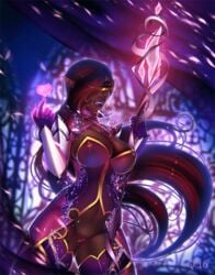 dark-skinned_female dark_elf dark_skin dress exposed_pussy glowing_eyes magic qoppa staff vanmoriel_(zero_one)