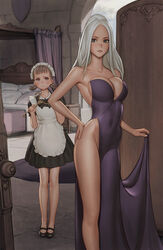 2girls bedroom black_dress cleavage dress female_only i0525 legs maid seraphina_(zero_one) side_slit