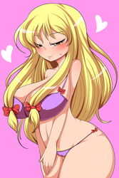 blonde_hair blush bra breasts curvy doku_corne female hair_ornament highres huge_breasts long_hair panties pubic_hair purple_bra purple_panties ribbon simple_background solo standing touhou underwear underwear_only wide_hips yellow_eyes yukari_yakumo