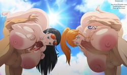 69 :>= black_hair different_ass_sizes ero-enzo fellatio female huge_ass huge_breasts male nami nico_robin one_piece oral orange_hair ponytail post-timeskip rtenzo tagme