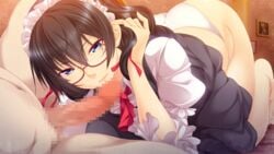 adjusting_hair barefoot black_hair blue_eyes butcha-u censored eroquis feet female game_cg glasses highres kneeling legs long_hair looking_down lune maid maid_headdress panties penis revenge_room shuri_(revenge_room) sitting smile thighs toes underwear yoko_jyusuke