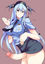 1futa ass balls blue_hair breasts censored clothing curvy demon erection erection_under_clothes erection_under_skirt futa_only futanari green_eyes head_wings hiromin huge_breasts huge_penis intersex large_balls necktie no_panties penis penis_out penis_under_clothes penis_under_skirt policewoman skirt skirt_lift smile solo succubus uniform wings