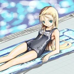 aki426 aqua_eyes blonde_hair cameltoe elise_von_dietrich long_hair lying name_tag one-piece_swimsuit pool school_swimsuit sky_girls smile swimsuit