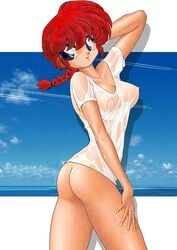 ass beige_skin blue_eyes bottomless braid breasts clothes color contrail female female_only hair headshop human looking_at_viewer photoshop pose ranma-chan ranma_1/2 ranma_saotome red_hair round_ears see-through shirt short_hair side_view solo uncensored wet wet_clothes wet_shirt