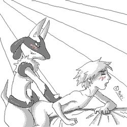 buki from_behind lucario monochrome nude pokemon pokemon_(species) pokemon_trainer pokephilia red_(pokemon) yaoi