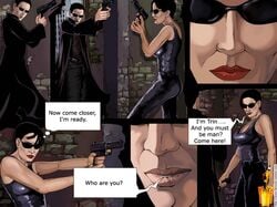 1boy 1boy1girl 1girls carrie_anne_moss celebrity comic famous_comics gun human human_only keanu_reeves neo_(the_matrix) sunglasses the_matrix thomas_a_anderson trinity_(the_matrix) weapon