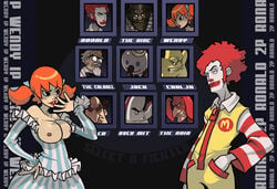 1boy 1girls afro arby's breasts burger_king carl's_jr. colonel_sanders domino's_pizza douglas_harvey fake_screenshot glasses jack jack_box jack_in_the_box kfc little_caesar little_caesars mascot mcdonald's nipples orange_hair parody pizza_hut red_hair ronald_mcdonald text the_king_(burger_king) the_noid twintails wendy's wendy_thomas