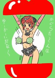 apple apples armpits breasts bun_cover dancing double_bun elbow_gloves fake_breasts female female_only flat_chest food fruit gintama gloves kagura_(gintama) mosha official_alternate_costume orange_hair parody solo topless translation_request