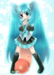 1futa blue_hair blue_nails blurry clothed collared_shirt eyebrows_visible_through_hair futanari grey_shirt hatsune_miku huge_penis leek light-skinned_futanari light_skin long_hair nail_polish necktie penis pleated_skirt shirt skirt twintails vocaloid