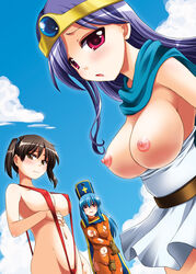 3girls accidental_exposure areola blush bodysuit breasts brown_eyes brown_hair cape cleavage cleric clothing curvy dragon_quest dragon_quest_iii dress erect_nipples exposed exposed_breasts exposed_nipples female fighter fighter_(dq3) gloves hat large_breasts long_hair mai_(artist) mai_(maittingu) mitre multiple_girls nipple_bulge nipples no_bra open_clothes open_shirt outdoor outdoors priest_(dq3) public purple_eyes purple_hair red_eyes sage_(dq3) shirt shirt_pull short_hair short_twintails sling_bikini swimsuit tied_hair torn_clothes twintails wardrobe_malfunction