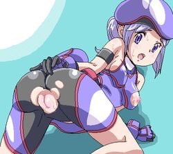 blue_eyes blue_hair blush bodysuit erect_nipples genius_sonority gloves juni221 kyogre kyogre_(cosplay) marina_(pokemon_br) pokemon pokemon_(cosplay) pokemon_battle_revolution solo solo_female sweat torn_bodysuit torn_clothes