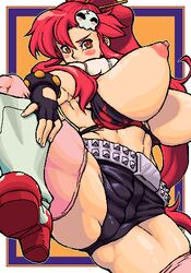 belt blush_stickers breasts_out breasts_outside erect_nipples female fingerless_gloves huge_breasts long_ponytail ponytail red_hair shorts solo tagme tengen_toppa_gurren_lagann thick_thighs wotsukuri yoko_littner