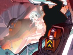 1girls breasts cable cockpit electrodes female game_cg in_container machine mecha nipples nude open_mouth popotan shizuku_(popotan) short_hair silver_eyes silver_hair sitting solo stasis_tank watanabe_akio