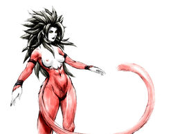 1girls armband black_hair breasts claws dragon_ball dragon_ball_gt female female_goku female_only fur furry_tail hair hourglass_figure long_hair monochrome nail_polish nipples nude open_eyes red_fur round_ears rule_63 saiyan saiyan_tail solo son_goku standing straight_hair super_form super_saiyan super_saiyan_4 tail uncensored white_skin wristband yellow_eyes