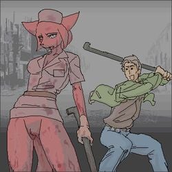 2d 2d_(artwork) anthro background blood bottomless breasts crowbar female furry james_sunderland male nurse nurse_(silent_hill) nurse_cap pixel red_hair red_skin short_hair silent_hill silent_hill_2 standing