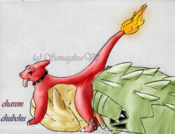 1boy ambiguous_gender anal_vore charmeleon cum feral feral_only nintendo pokemon pokemon_(species) samagthrav2 size_difference spiked_collar traditional_media_(artwork) tyranitar vore