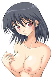 1girls blush breasts bust female lowres mikagami_sou nipples open_mouth red_eyes school_rumble short_hair solo sweat topless tsukamoto_yakumo white_background