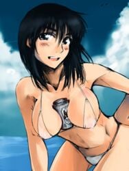 1girls :d beer between_breasts bikini blush breasts can cosaten female hand_on_hip hips micro_bikini object_between_breasts ocean open_mouth school_rumble short_hair smile solo suou_mikoto swimsuit water