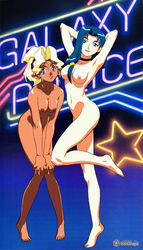 2girls barefoot blonde_hair blue_eyes breasts choker completely_nude dark-skinned_female dark_skin edit female female_only galaxy_police green_hair highres kiyone_makibi long_hair mihoshi_kuramitsu multiple_females multiple_girls naked nipples nude nude_filter nudity photoshop smile tenchi_muyo! uncensored