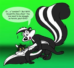 black_fur cat feline female interspecies looney_tunes male mammal nude penelope_pussycat pepe_le_pew side_view skunk smooth_fur speech_bubble straight tagme tail text whiskers white_fur