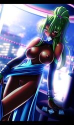 battle_arena_toshinden blush breasts clothing condom dark_skin dress earrings female green_hair highres jewelry lighting looking_at_viewer melficexd naughty_face nipples ponytail pussy sofia_(battle_arena_toshinden) tied_hair uncensored yellow_eyes