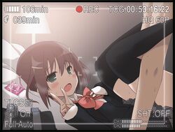 bag blush breath camera condom_wrapper hair_ornament hairclip indoors lamp legs_up looking_at_viewer lying maririn on_bed prostitution recording saki saki_achiga-hen school_uniform sex skirt sweat tsuruta_himeko v