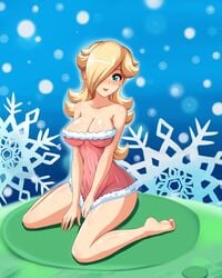 1girls barefoot big_breasts bimbo blonde_hair blue_eyes breasts busty cleavage feet female female_only hair_over_one_eye hands huge_breasts human kneeling large_breasts mario_(series) navel nightgown nintendo princess_rosalina pussy sigurdhosenfeld sitting smile solo wariza