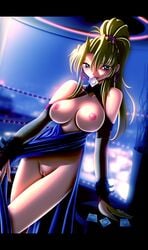 battle_arena_toshinden blonde_hair blue_eyes blush breasts clothing condom dress dutch_angle earrings female highres jewelry long_hair looking_at_viewer melficexd naughty_face nipples ponytail pussy sofia_(battle_arena_toshinden) solo tied_hair uncensored