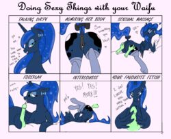 2014 alicorn anus bedroom_eyes blue_fur blue_hair bow closed_eyes cutie_mark dialog disembodied_hand disembodied_penis duo english_text equine female feral friendship_is_magic fur green_penis hair half-closed_eyes heart horn looking_at_viewer lying male mammal meme moon my_little_pony one_eye_closed open_mouth oral oral_sex penis pillow ponytail presenting princess_luna_(mlp) pussy sex silver1kunai solo_focus stockings teal_eyes text tied_hair tongue tongue_out wingjob wings wink