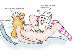 4chan bed blonde_hair blush cap food_groupie human interspecies mascot melvin_milk milk milk_carton on_back penis personification request sex size_difference straight two_scoops_tina