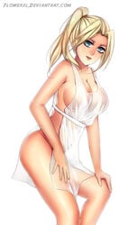 1girls apron big_breasts blonde_hair blue_eyes breasts claudia_strife cleavage female female_only final_fantasy final_fantasy_vii flowerxl hand_on_knee huge_breasts large_breasts long_hair looking_away milf naked_apron nude parted_lips ponytail see-through simple_background smile solo standing tied_hair white_background