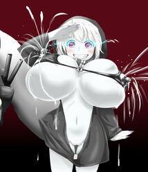 areolae breasts erect_nipples female gigantic_breasts kantai_collection lactation large_areolae nipples no_panties puffy_nipples purple_eyes pussy rahab re-class_battleship shinkaisei-kan smile white_hair