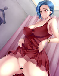 areola_visible_through_clothing big_breasts blue_hair blush bracelet breasts censor_bar censored changing_room cleavage dress_lift dutch_angle earrings female mole_under_eye nisekoi no_panties pussy red_dress red_eyes short_blue_hair short_hair solo tsugumi_seishirou zeroseed