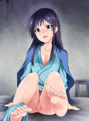 1girls arm_support ass bangs barefoot bed blue_eyes bottomless censored collarbone curled_toes feet female female_only female_pubic_hair highres idolmaster idolmaster_million_live! kaiga light-skinned_female long_hair looking_at_viewer moderate_pubic_hair mogami_shizuka mosaic_censoring no_panties open_clothes open_jacket open_mouth open_smile panties panties_around_leg panties_around_one_leg panties_down pubes pubic_hair pubic_tuft purple_hair pussy pussy_juice pussy_juice_drip pussy_juice_trail robe shirt shirt_up shy sitting smile soles solo toe_curl toes undressing wet_pussy white_skin