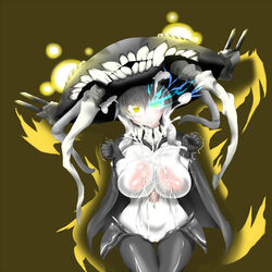 areolae breast_squeeze breasts cape cum ejaculation female gloves hat huge_breasts kantai_collection lactation large_areolae magic_penis nipples no_panties paizuri penis pussy rahab shinkaisei-kan shiny shiny_skin trembling white_hair wo-class_aircraft_carrier yellow_eyes