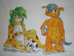 armadillo ball balls cheetah duo feline fuleco kneeling ladyskd looking_at_viewer male male_only mammal mascot nude penis pose sitting soccer_ball traditional_media watercolor young zakumi