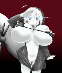 areolae breasts erect_nipples female gigantic_breasts kantai_collection large_areolae nipples no_panties puffy_nipples purple_eyes pussy rahab re-class_battleship shinkaisei-kan smile white_hair