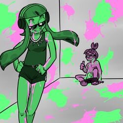 2014 after_sex cephalopod clothing female green_eyes green_hair hair ink inkling inkling_boy inkling_girl lying nintendo no_humans penis pink_eyes pink_hair sildre smooth_skin splatoon spoon spread_legs spreading squid