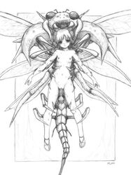 blush border breasts collarbone female flying from_behind_position graphite_(medium) greyscale harumachi_nagaaki helpless highres human insects monochrome monster navel nipples nude original pussy restrained sex short_hair sweat tail traditional_media vaginal_penetration wings zoophilia