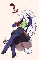 2018 ? anthro ass black_eyes black_fur blue_eyes cabbage caprine clothing female food fur furry hair hairclip hi_res hooves kanel krisha_russel_(zeldrith) lamb long_ears long_hair mammal nude petite pussy sheep simple_background solo teenager thighhighs white_fur white_hair